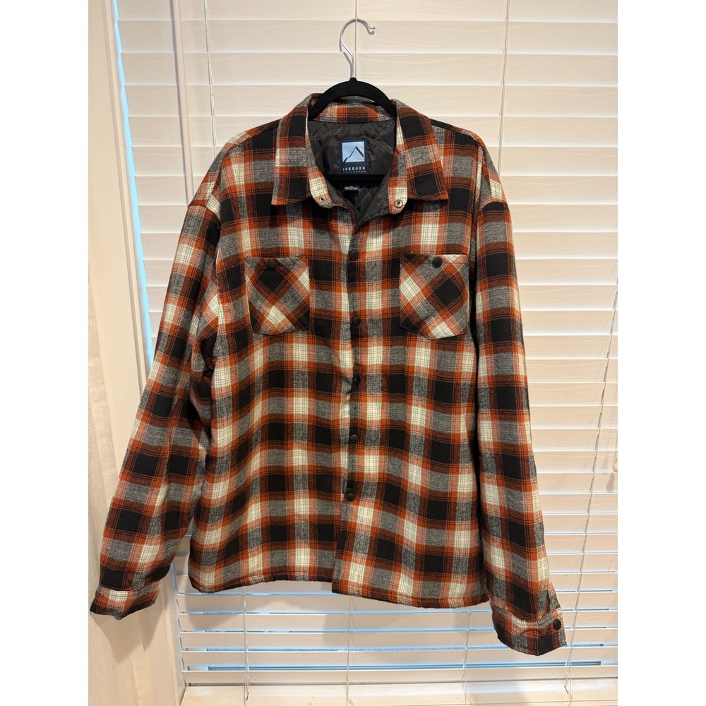 Iceburg Outerwear Mens XL Quilted Flannel Shirt Jacket Orange Black Plaid Snap